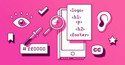 illustrazione con segni e simboli che rappresentano l'esperienza digitale accessibile