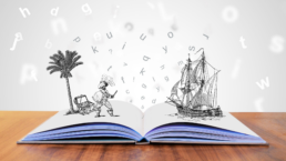 Libro aperto con immagini e parole che prendono vita come metafora dello storytelling